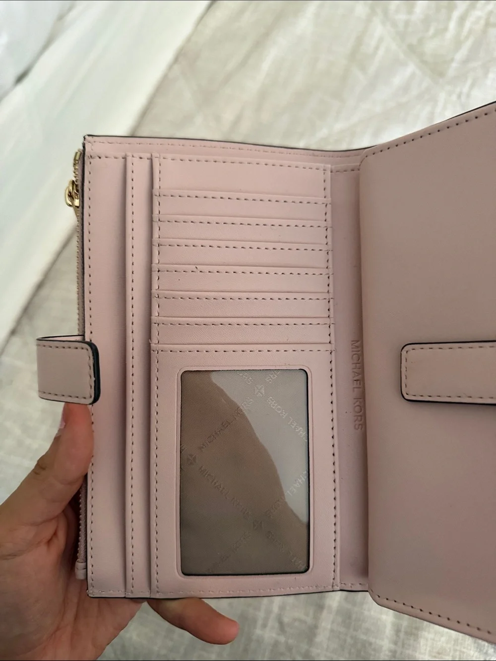 Michael Kors Light Gray Signature Logo Wristlet with Gold Hardware